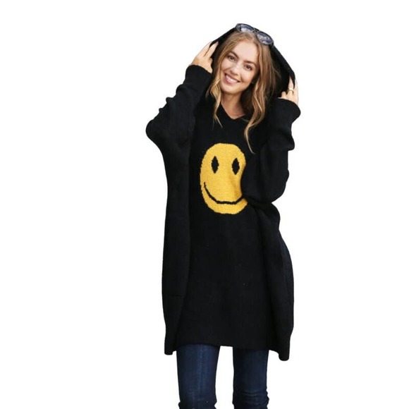 Buttercup Lynne Tops - Happy Face Luxury Soft Hooded Wearable Blanket - Smiley - Black - Yellow